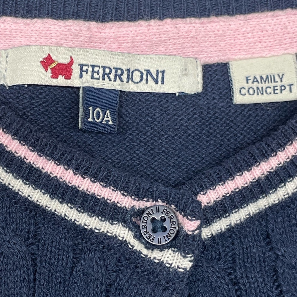 Ferrini Girl Navy Cable Knit Cardigan with Pink and Yellow Strip Accents Size 10 - Picture 3 of 6